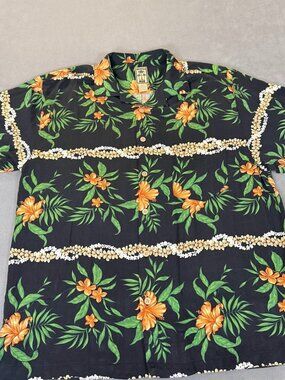 Montego Mon Men's Silk Hawaiian Tropical Print Button Up Shirt- Large